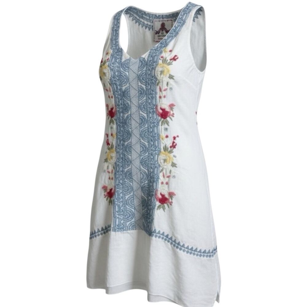 Johnny Was White Sleeveless Mini Dress with Blue Embroidery and Floral Accents